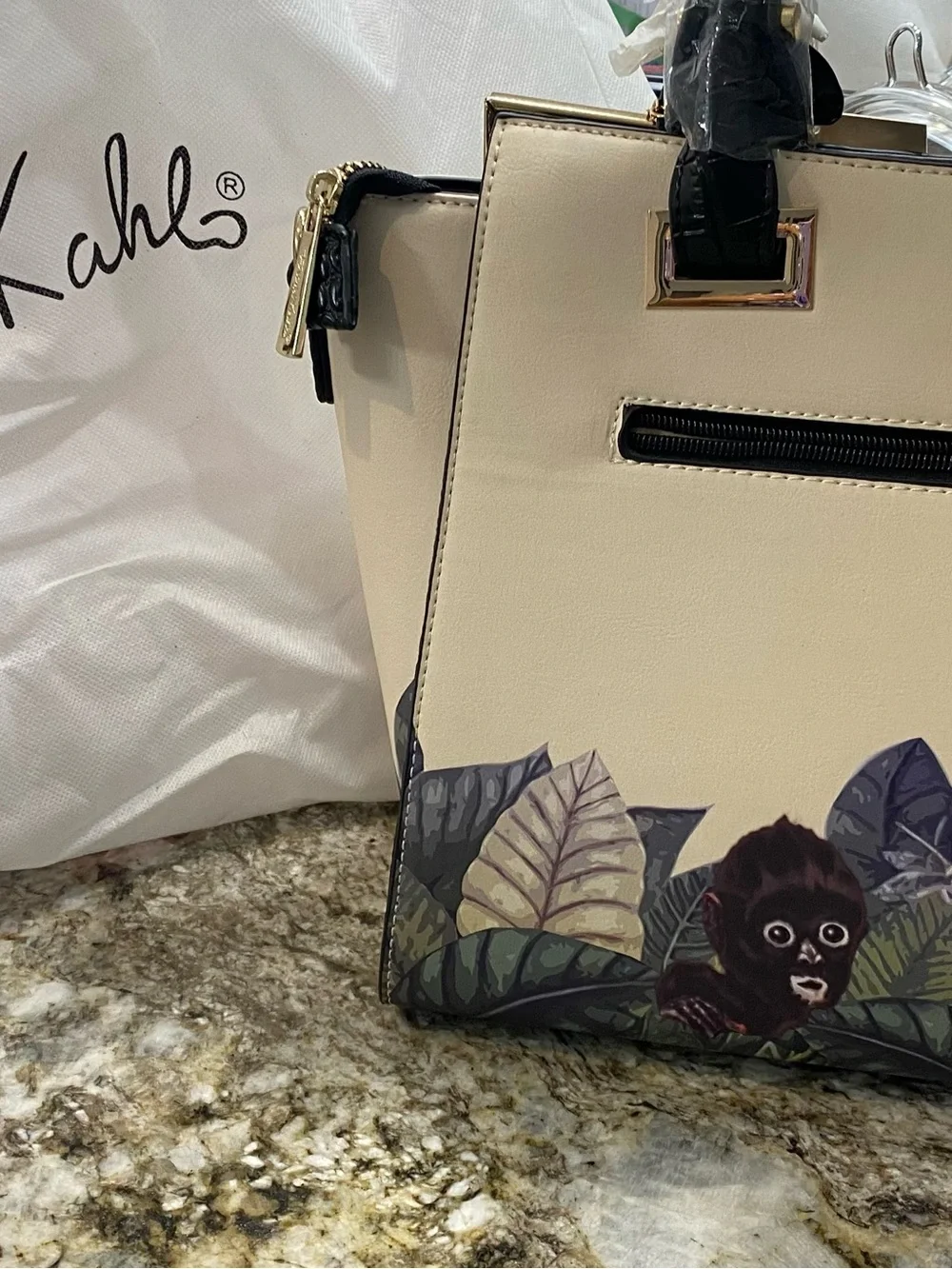 Frida Kahlo Cream Portrait Satchel with Black Accents